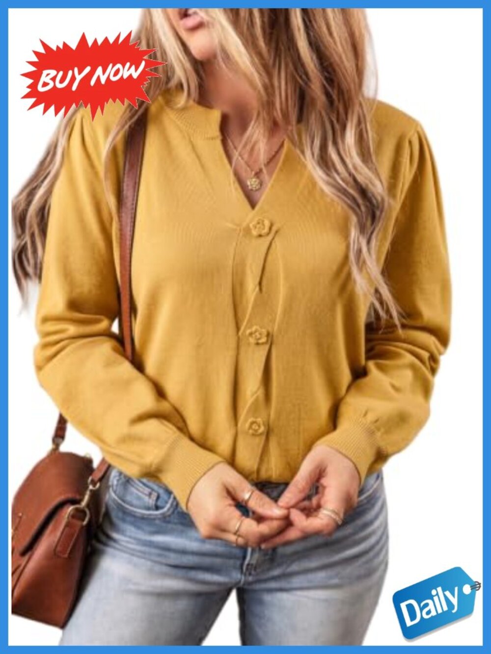 Notched V Neck Puff Sleeve Knit Sweater Pullover